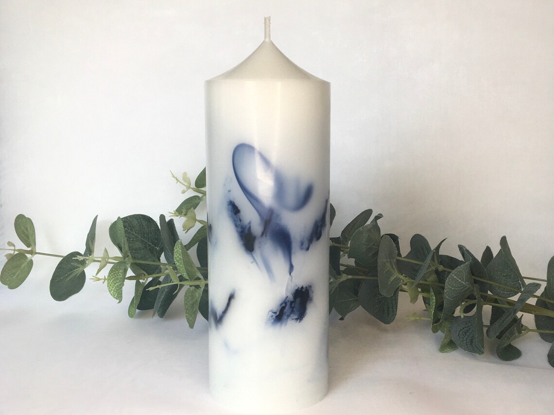 Marble Pillar Candle Navy and White Décor Handmade Candles Etsy
