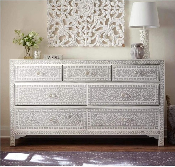 Bone Inlay Chest of 7 Drawer Grey Commode Dresser Sideboard Etsy