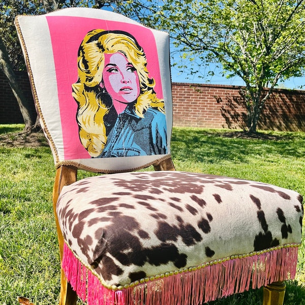 One of a kind DOLLY PARTON Cowhide Chair with PINK fringe, country music decor, Cowgirl