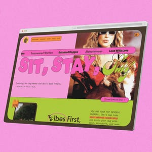 Könnte beinhalten: Webdesign in Rosa und Grün mit dem Text "SIT, STAY" in großen Buchstaben. Die Website wirbt für Hundetraining und zeigt eine Frau mit Sonnenbrille und einen Hund. Der Slogan "Vibes First" ist ebenfalls sichtbar. Retro-Ästhetik.