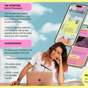 May include: Image featuring a woman with pink-tinted hair and a laptop, with two phone mockups displaying "Gratitude" and "The Oracle" text. The background includes text about templates and support.