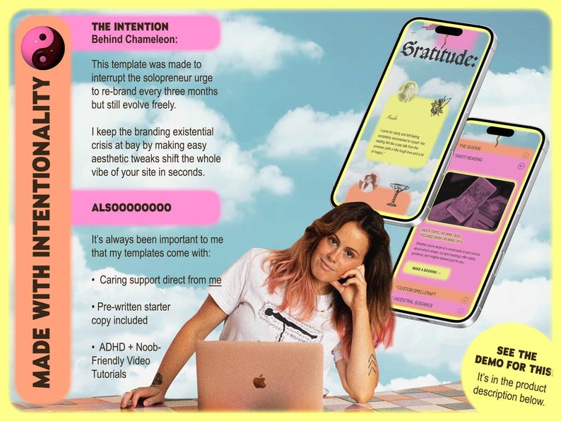 May include: Image featuring a woman with pink-tinted hair and a laptop, with two phone mockups displaying "Gratitude" and "The Oracle" text. The background includes text about templates and support.