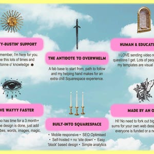 May include: A digital graphic with a light blue sky background and various illustrations. Text includes "Anxiety-bustin' support" and "The antidote to overwhelm." Other elements include a sun, sword, eye, candles, and a fairy.