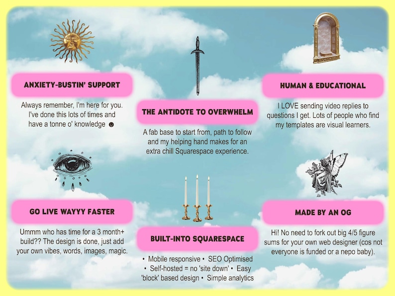 May include: A digital graphic with a light blue sky background and various illustrations. Text includes "Anxiety-bustin' support" and "The antidote to overwhelm." Other elements include a sun, sword, eye, candles, and a fairy.