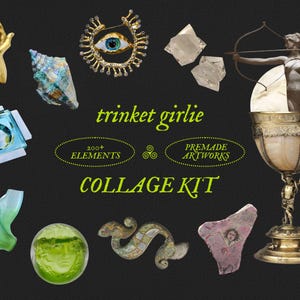 May include: A selection of decorative items, such as a golden hand ornament, a seashell, an eye-shaped brooch, and a statue of a woman with a bow. The image also features the text "trinket girlie" and "COLLAGE KIT".