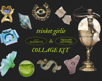 trinket girlie: digital collage kit with 200+ PNG elements and premade canva designs