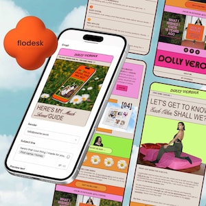 Puede incluir: La pantalla de un teléfono inteligente que muestra un sitio web con el texto "Here's My Must Loved Guide" y un formulario con campos para el remitente, el asunto y el texto de vista previa. El sitio web está diseñado con un estilo brillante y colorido con un esquema de color rosa y verde.