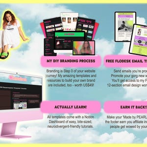May include: A pink computer monitor displays a website design, with additional digital devices and text overlays. The text includes "MY DIY BRANDING PROCESS" and "FREE FLODESK EMAIL TEMPLATE". A person is also in the image.