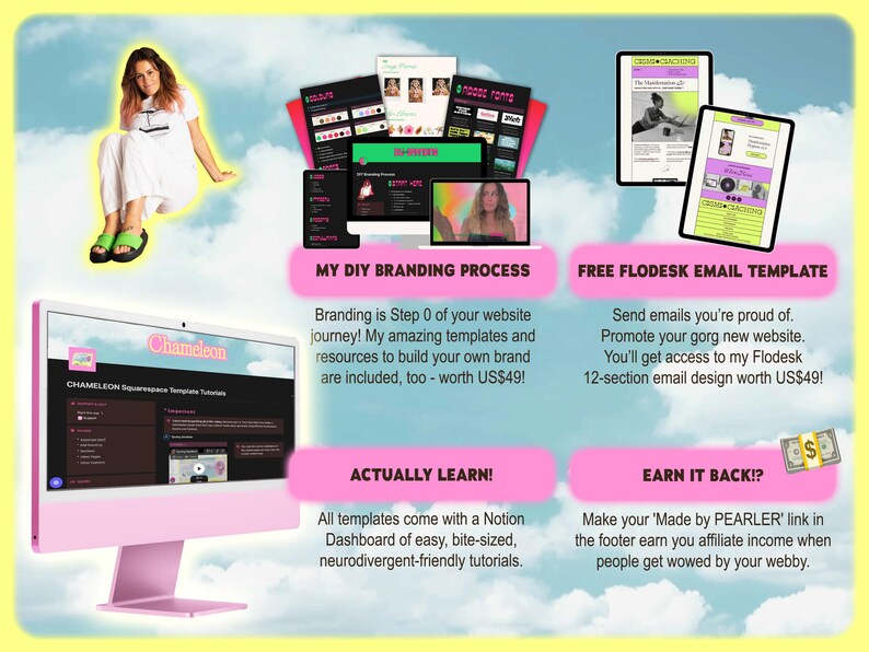 May include: A pink computer monitor displays a website design, with additional digital devices and text overlays. The text includes "MY DIY BRANDING PROCESS" and "FREE FLODESK EMAIL TEMPLATE". A person is also in the image.