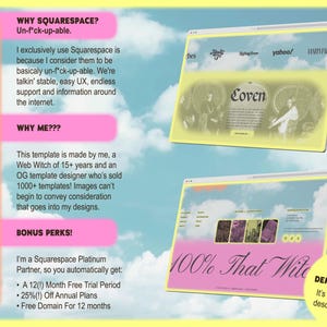 May include: A digital advertisement for a Squarespace website template, featuring two website mockups with the text "The Coven" and "100% That Witch." The ad includes pink text bubbles with information about the template and Squarespace.