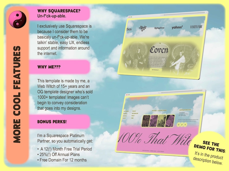 May include: A digital advertisement for a Squarespace website template, featuring two website mockups with the text "The Coven" and "100% That Witch." The ad includes pink text bubbles with information about the template and Squarespace.