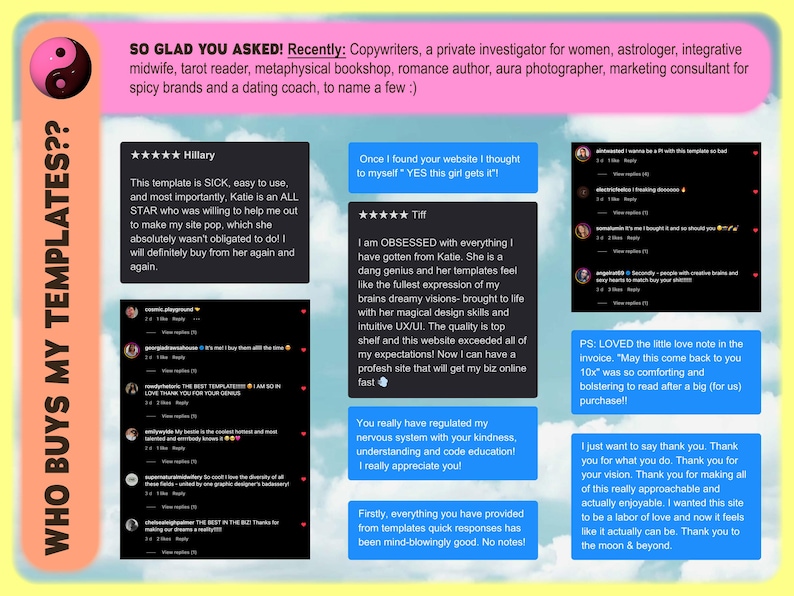 May include: A promotional image with a pink and black yin-yang symbol and the text "WHO BUYS MY TEMPLATES??" on a yellow background. The image includes customer testimonials and a list of services.