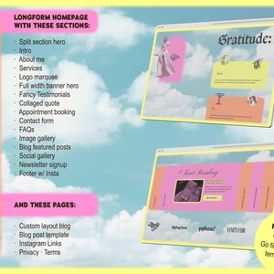 May include: A digital design layout with the text "WHAT IT'S GOT" and "LONGFORM HOMEPAGE WITH THESE SECTIONS:" and "AND THESE PAGES:" on a yellow background. Two website mockups are displayed with the words "Gratitude" and "Tarot Reading".