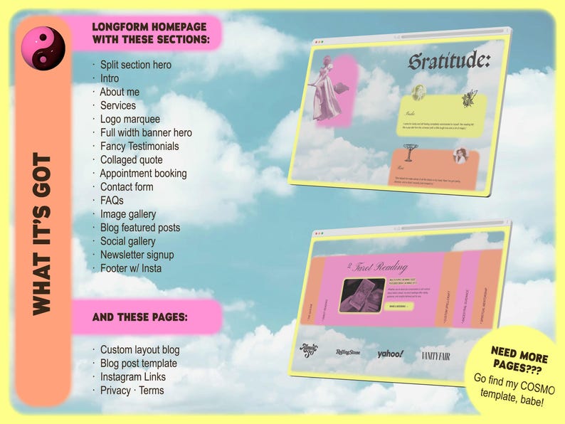 May include: A digital design layout with the text "WHAT IT'S GOT" and "LONGFORM HOMEPAGE WITH THESE SECTIONS:" and "AND THESE PAGES:" on a yellow background. Two website mockups are displayed with the words "Gratitude" and "Tarot Reading".