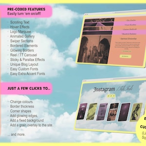 May include: A digital design advertisement with a yellow background and a sky-blue sky. The image features two website mockups and a list of features. The text includes "MORE COOL FEATURES" and "JUST A FEW CLICKS TO..."