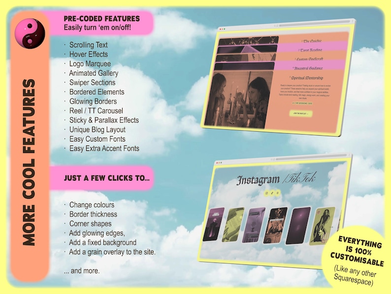 May include: A digital design advertisement with a yellow background and a sky-blue sky. The image features two website mockups and a list of features. The text includes "MORE COOL FEATURES" and "JUST A FEW CLICKS TO..."