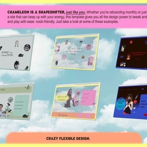 May include: A digital design template showcasing various website layouts on a light blue background with a yellow border. The text "CHAMELEON IS A SHAPESHIFTER" is visible. The design is described as "CRAZY FLEXIBLE DESIGN."
