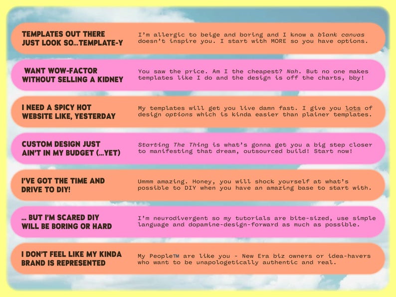 May include: A graphic with text in various colors on a yellow background. The text includes phrases like "Templates out there," "Want wow-factor," and "I need a spicy hot website." The image promotes DIY website templates.