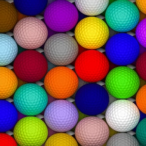 May include: A close-up image of a variety of colorful golf balls. The balls are arranged in a grid pattern and are all different colors, including red, blue, green, yellow, orange, purple, and pink.