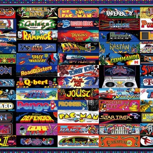 May include: A colorful collage of classic arcade game titles, including Pac-Man, Galaga, Donkey Kong, and Space Invaders. The image features a variety of bright colors and pixelated graphics, reminiscent of the golden age of video games.