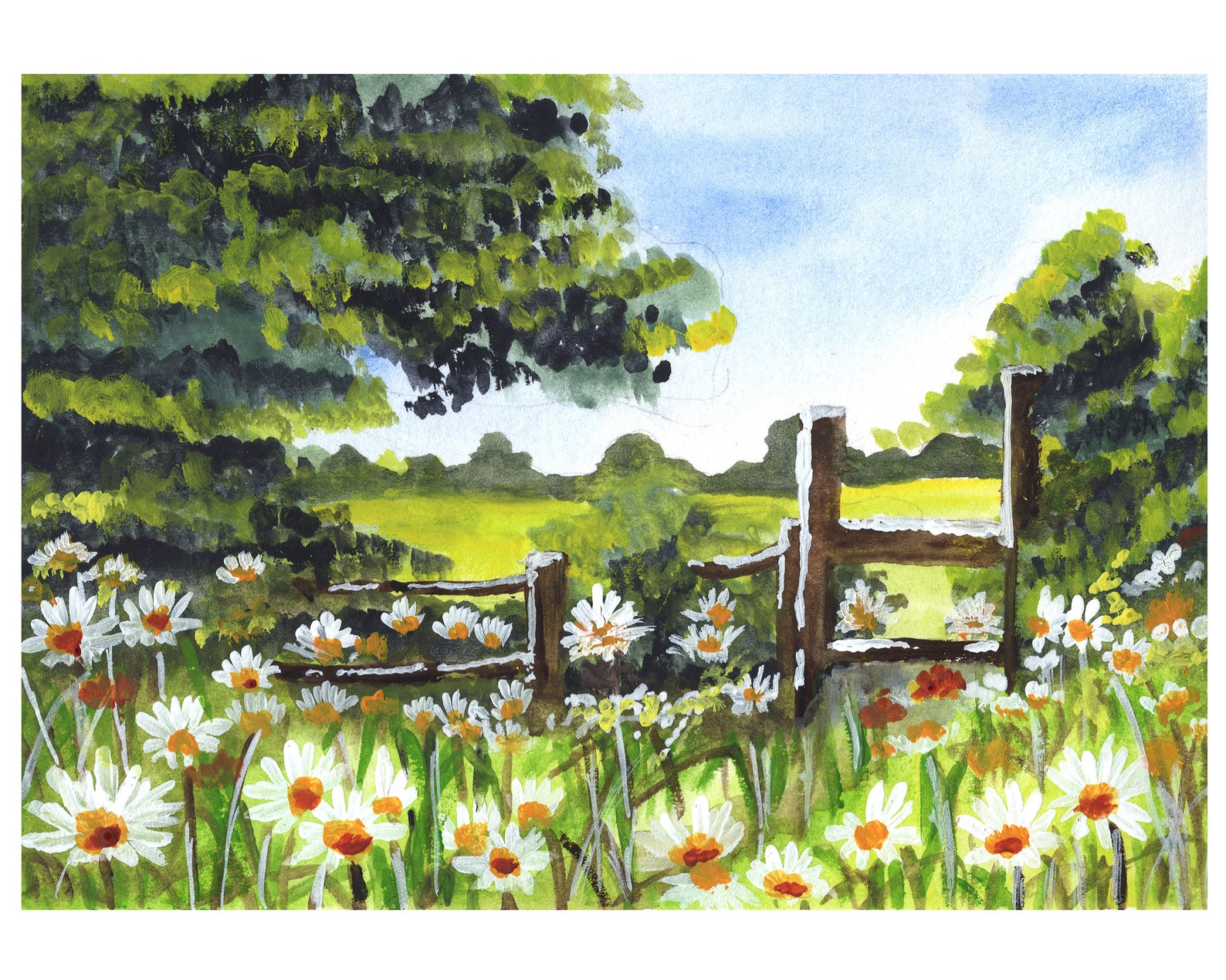 Original Watercolor Art / Flowery Field / Flowers / Landscape / Painting Giclée Art Print / 5x7
