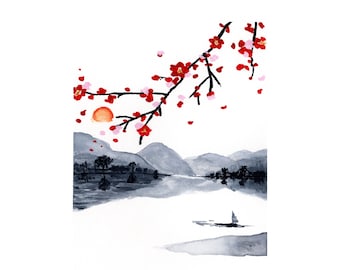 Original Watercolor Painting / River Blossoms / Cherry Blossoms / Mountain River / Giclée Art Print / 5x7 / 8x10 / 11x14