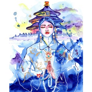 Original Watercolor Art / Beijing Opera / Chinese Temple / Prayer / Geisha /  Asian Art / Abstract Art / Giclée Art Print / 8x10 / 11x14