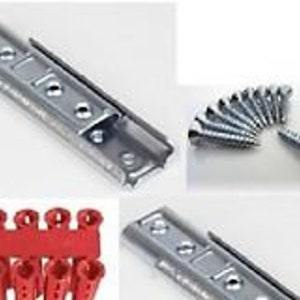 May include: Two silver metal shelf brackets with six screw holes each. The brackets are shown with a set of eight silver screws and a set of eight red plastic anchors.