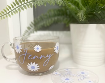 Personalised mug, Personalised glass mug, Daisy mug, Daisies, Cute gifts, Glass mug, Personalised gift, Name gift, Birthday gifts