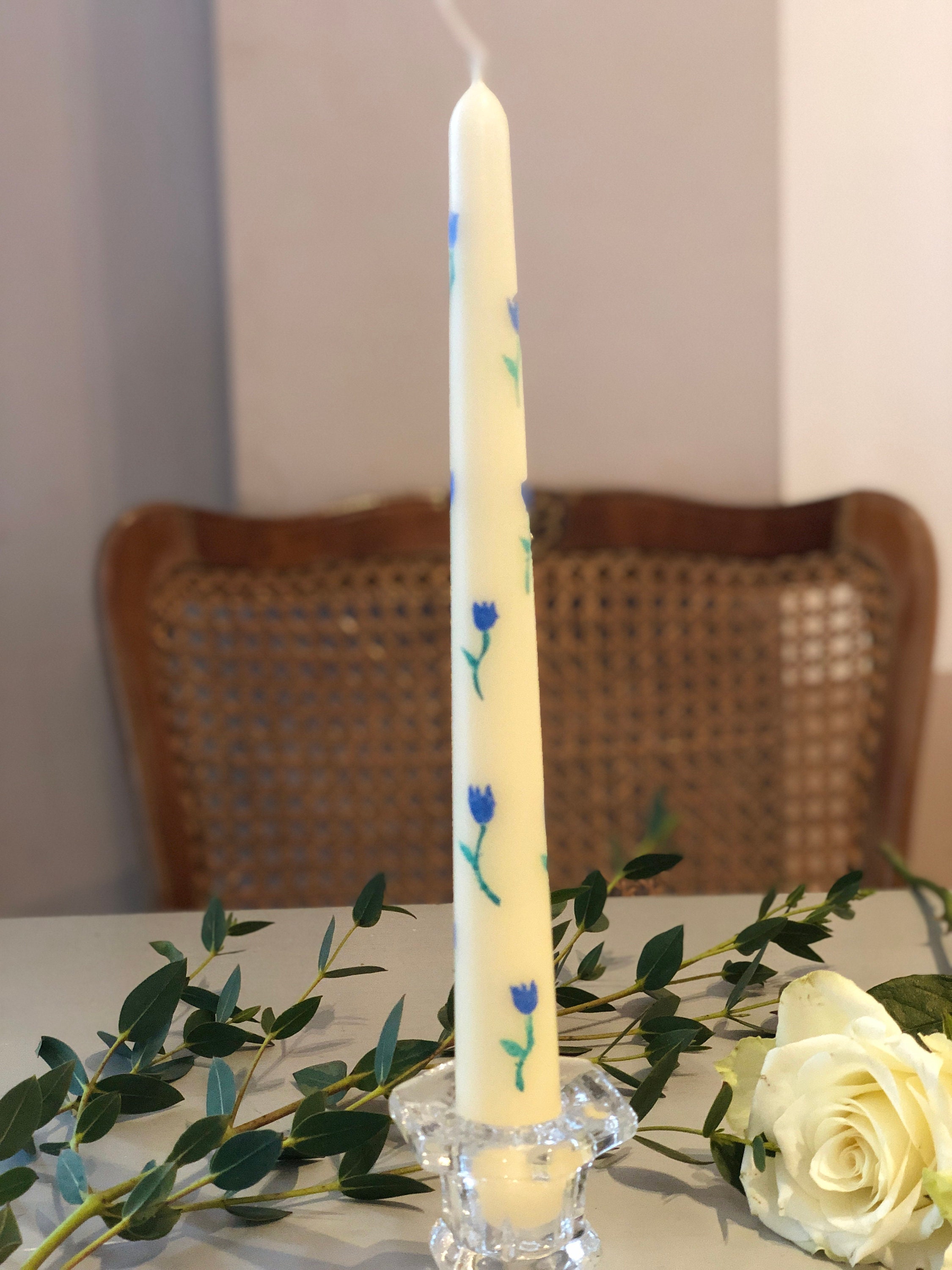 Hand Painted Taper/ Dinner Candles Blue Tulips Purple Etsy