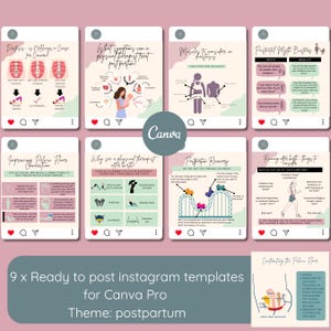 May include: Nine Instagram templates for Canva Pro, themed around postpartum care. The templates feature illustrations and text on topics like pelvic floor health, diastasis, and postpartum recovery. The templates are designed with a pink and green colour scheme.