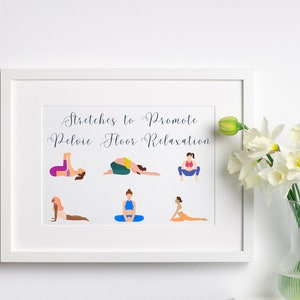 May include: A white framed print with the text "Stretches to Promote Pelvic Floor Relaxation" and illustrations of six different yoga poses.