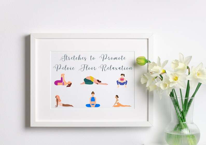 May include: A white framed print with the text "Stretches to Promote Pelvic Floor Relaxation" and illustrations of six different yoga poses.