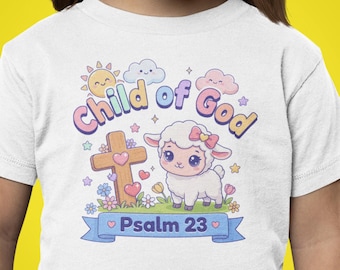Kind van God christelijk jeugdshirt, Psalm 23 kinderbijbelvers T-shirt, schattig lamsgeloof shirt, christelijk cadeau voor meisjes jongens
