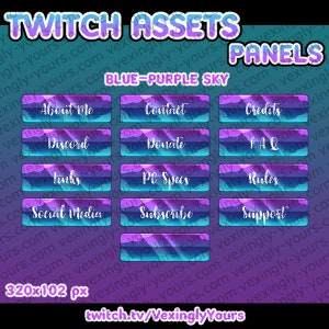 Twitch Assets - Blue-Purple Sky Panels Vtuber Gamer About Section Galaxy Space Kawaii Stars Clouds Cute Aesthetic