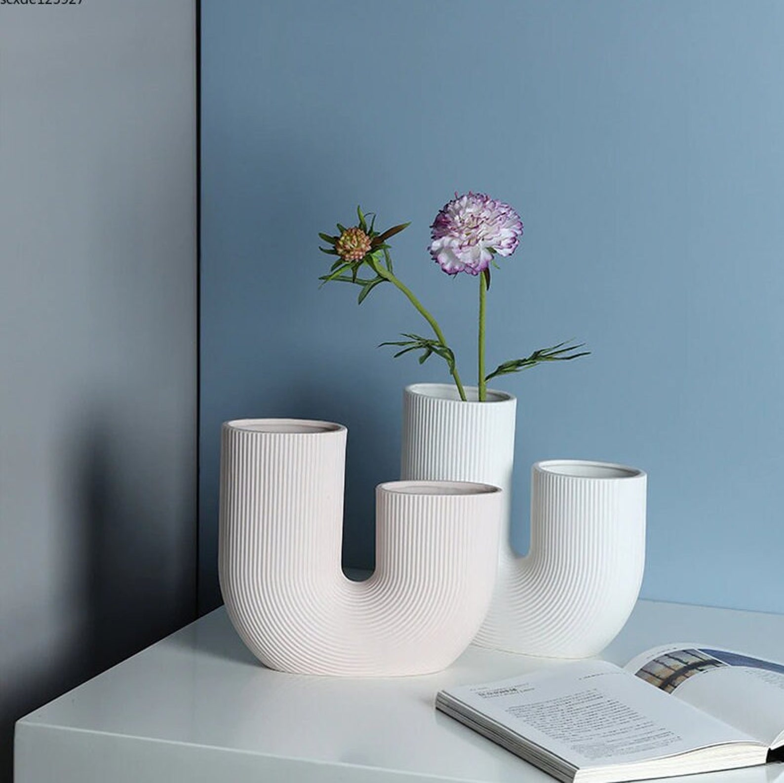 Creative Ushaped Striped White Ceramic Vase Flower Table Etsy