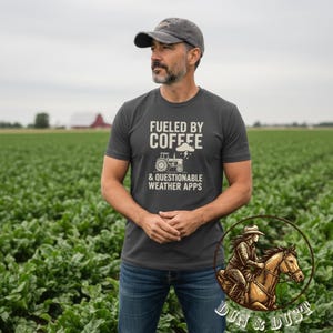以下が含まれることがあります： 「Fueled by Coffee & Questionable Weather Apps」のテキストとトラクターのグラフィックがプリントされたダークグレーのTシャツ。グレーの野球帽をかぶり、畑に立っている男性。
