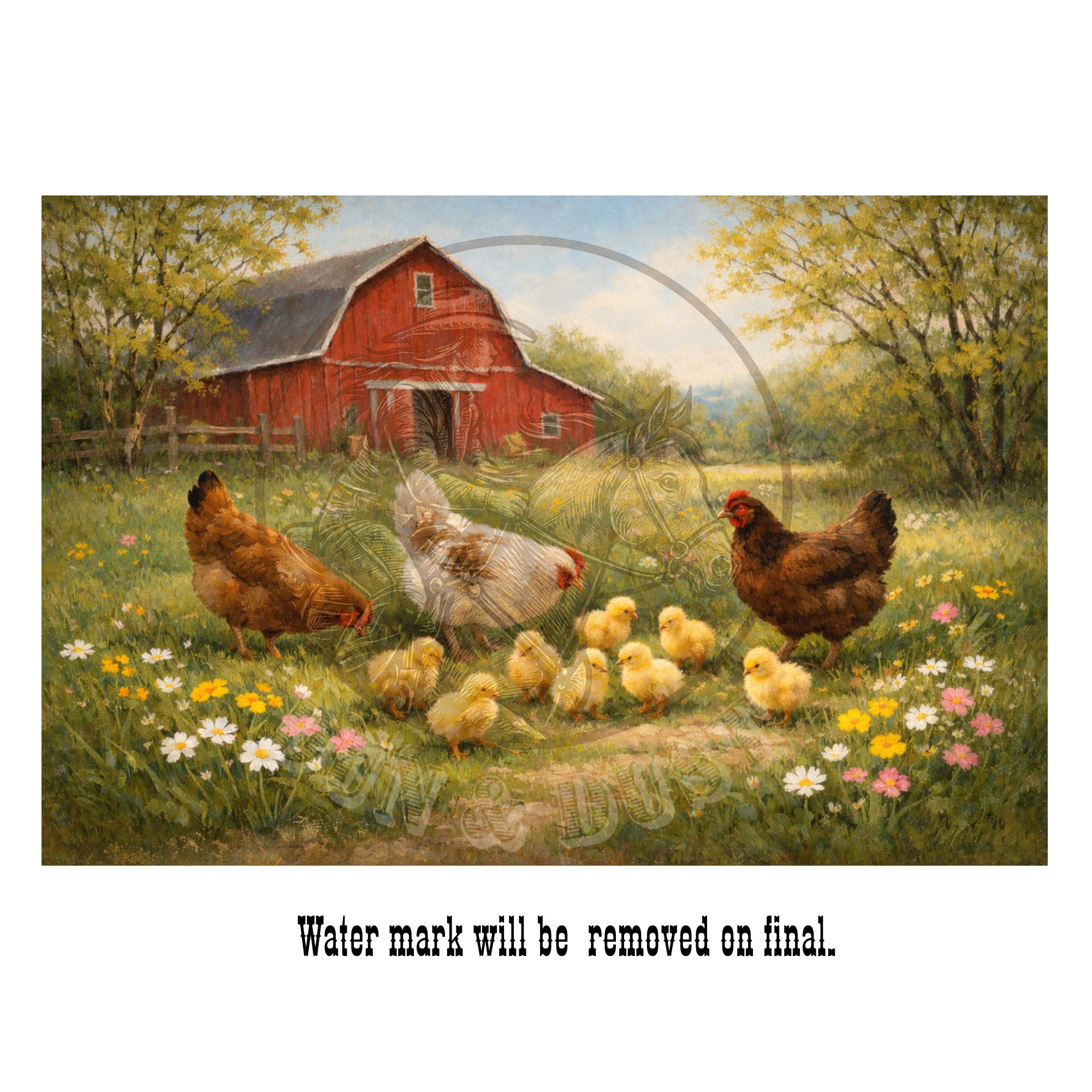 Spring Chicken Farm Art Print, Baby Chicks Painting, Farmhouse Kitchen ...
