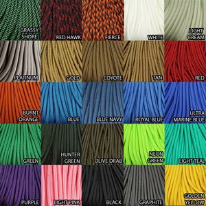 May include: A color chart of 20 different paracord colors, including Grassy Shore, Red Hawk, Fierce, White, Light Cream, Platinum, Gold, Coyote, Tan, Red, Burnt Orange, Blue, Blue Navy, Royal Blue, Ultra Marine Blue, Green, Hunter Green, Olive Drab, Neon Green, Light Teal, Purple, Light Pink, Black, Graphite, and Golden Yellow.
