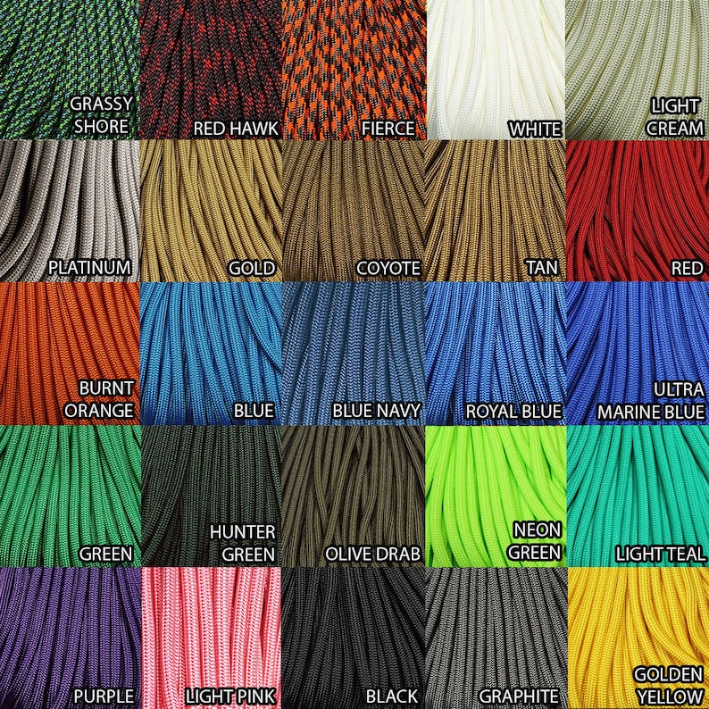May include: A color chart of 20 different paracord colors, including Grassy Shore, Red Hawk, Fierce, White, Light Cream, Platinum, Gold, Coyote, Tan, Red, Burnt Orange, Blue, Blue Navy, Royal Blue, Ultra Marine Blue, Green, Hunter Green, Olive Drab, Neon Green, Light Teal, Purple, Light Pink, Black, Graphite, and Golden Yellow.