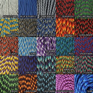 May include: A collage of 20 different paracord colors and patterns, including Arctic Camo, Blue & Purple, Dark Knight, Deadpool, Plum Crazy, Royal Champion, Armor, Blue Steel, Fireball, Gunslinger, Lava 2, Lions, Plasma Purple, Reef, Spider Man, Vikings, Oil Slick, Mountain, Jamaican Me Crazy, Fusion, Decay, Lava Flow, Lightning, Doublelicious, and Surf.