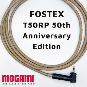 May include: A tan Mogami cable with a black right-angle connector. The cable is labeled "FOSTEX T50RP 50th Anniversary Edition" and "MOGAMI THE CABLE OF THE PROS".