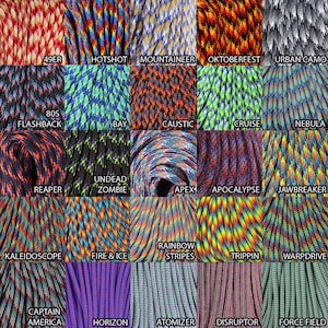 May include: A collection of 20 different paracord designs, each with a unique color combination and pattern. The paracord is arranged in a grid, with each design labeled with its name. The designs include 49er, Hotshot, Mountaineer, Oktoberfest, Urban Camo, 80s Flashback, Bay, Caustic, Cruise, Nebula, Reaper, Undead Zombie, Apex, Apocalypse, Jawbreaker, Kaleidoscope, Fire & Ice, Rainbow Stripes, Trippin, Warpdrive, Captain America, Horizon, Atomizer, Disruptor, and Force Field.