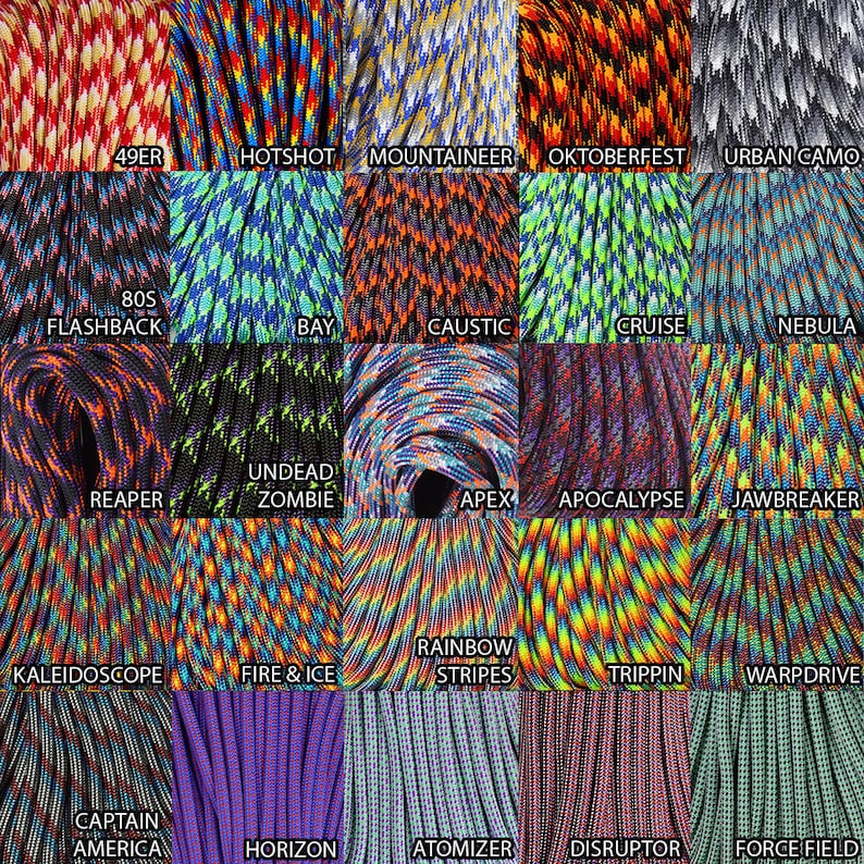 May include: A collection of 20 different paracord designs, each with a unique color combination and pattern. The paracord is arranged in a grid, with each design labeled with its name. The designs include 49er, Hotshot, Mountaineer, Oktoberfest, Urban Camo, 80s Flashback, Bay, Caustic, Cruise, Nebula, Reaper, Undead Zombie, Apex, Apocalypse, Jawbreaker, Kaleidoscope, Fire & Ice, Rainbow Stripes, Trippin, Warpdrive, Captain America, Horizon, Atomizer, Disruptor, and Force Field.