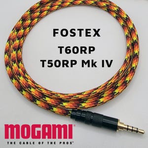 May include: A coiled audio cable with a black and gold connector. The cable has a camouflage pattern in shades of orange, yellow, and brown. The text "FOSTEX T60RP T50RP Mk IV" is visible. The Mogami logo is at the bottom.