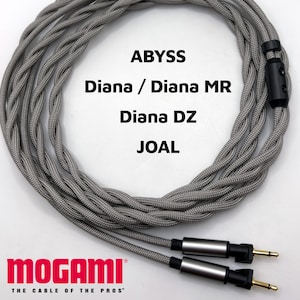 May include: A gray braided cable with two gold-tipped connectors. The cable is labeled "MOGAMI THE CABLE OF THE PROS" and is compatible with Abyss Diana, Diana MR, Diana DZ, and JOAL headphones.