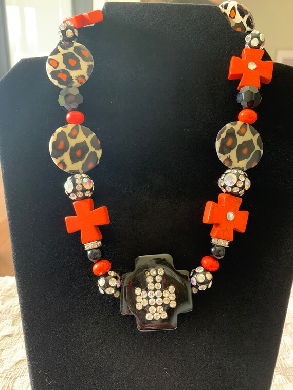 Orange, black and leopard print, chunky, beaded n… - image 1