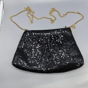 Black, chain mail purse with gold chain strap