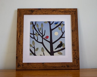 Lámina artística de aves británicas: petirrojo, mirlo común y herrerillo común (210 x 210 mm)