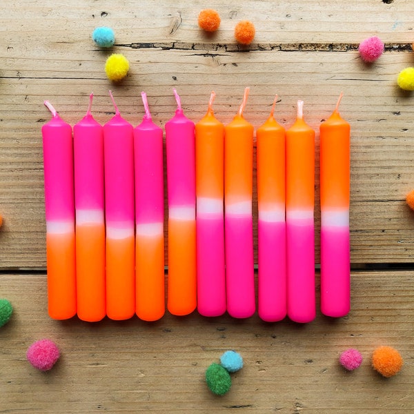 Neon Dip Dye Mini Kerzen im Set, neon orange – neon pink, Geburtstagskerzen, Kerzen Geburtstagszug, handgefärbt